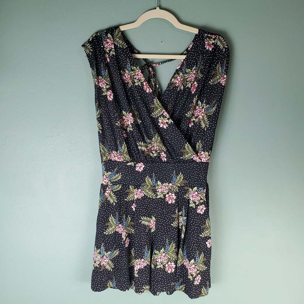 Cabi Womens Black Floral Polka Dot Print Runaround Romper Size Medium